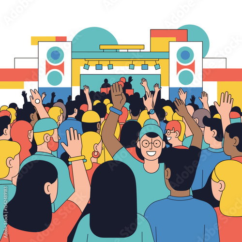Cheering Crowd at a Concert with Geometric Stage Design and Raised Hands