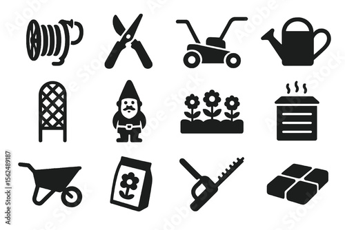 12 black garden icons. Solid vector for landscaping, maintenance, and outdoor spaces.