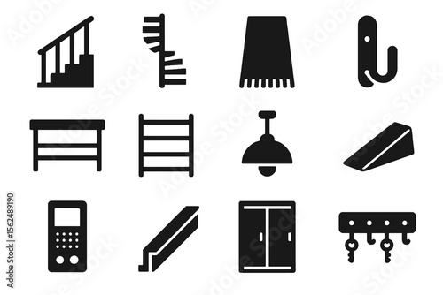 Black set of 12 passage icons. Minimal vector for house design and layout.