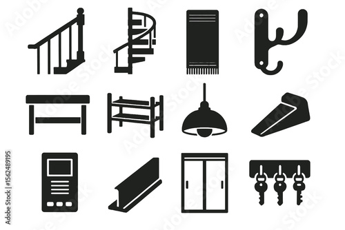 12 black entry icons. Solid vector for hallways, stairs, and interior details.