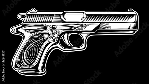 Detailed monochrome illustration of a handgun with intricate grip and barrel design on black background created with generated ai