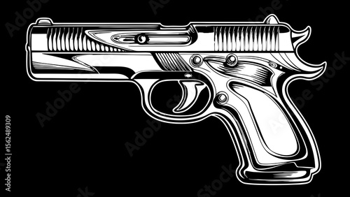 Illustration of a detailed black and white pistol with intricate line work and bold outlines design created with generated ai