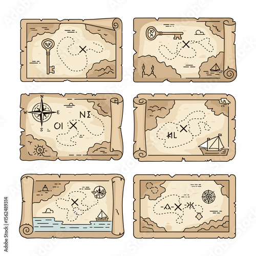 Collection of Vintage Rolled-Up Treasure Maps with Detailed Routes