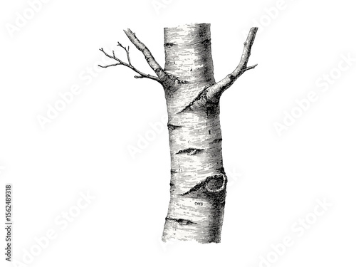 Vintage hand-drawn engraving of Aspen tree trunk, aspen bark texture, old engraving style, eco-friendly print, woodland decor, botanical illustration, rustic tree sketch, nature art, forest wall decor