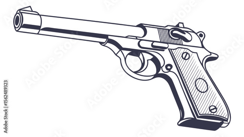 Illustration of a semiautomatic handgun with detailed grip and barrel on a white background view created with generated ai