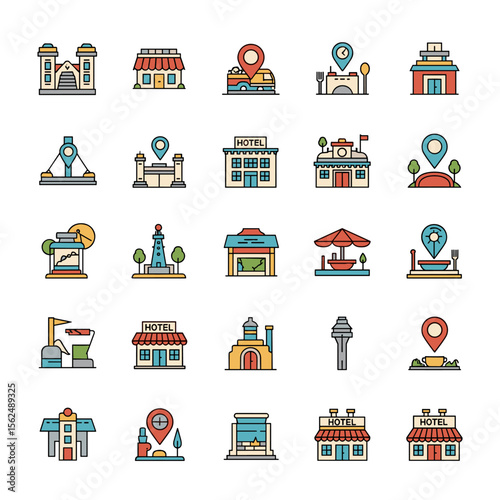 Colorful Collection of Diverse Location Icons: Hotels, Restaurants, and Landmarks