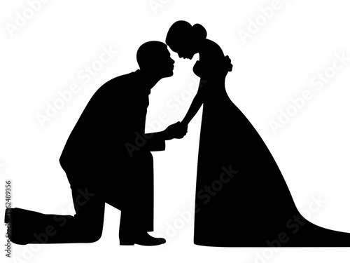 Silhouette of a man proposing to a woman in a gown while holding her hand in a romantic gesture scene created with generated ai