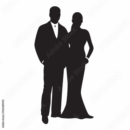 Silhouette of a man in a suit and a woman in a gown standing together posing for a formal portrait shot created with generated ai