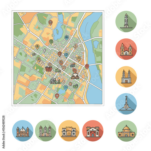 Detailed Illustrated City Map with Landmark Icons and Navigation Pointers.