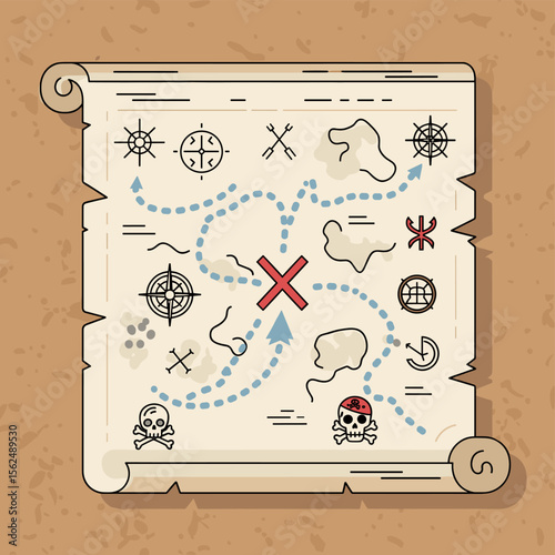Detailed Pirate Treasure Map with Skull Icons and Dotted Route