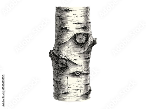 Aspen tree trunk engraving, vintage botanical illustration, hand-drawn bark texture, retro woodland decor, eco-friendly art print, old sketch style, rustic nature drawing, forest illustration