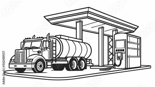 Illustration showing a tanker truck at a gas station with a canopy and fuel pump present in the scene created with generated ai