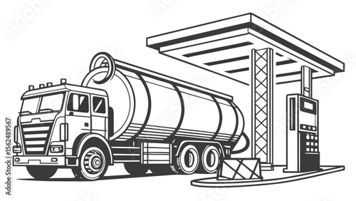 Illustration of a fuel tanker truck parked at a gas station with a canopy and fuel pump outline created with generated ai