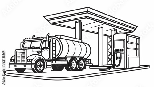 Illustration showing a tanker truck at a gas station with a canopy and fuel pump present in the scene created with generated ai