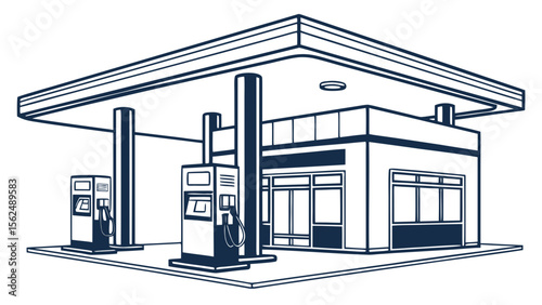 Illustration of a gas station with pumps under a canopy and a small building attached station view created with generated ai