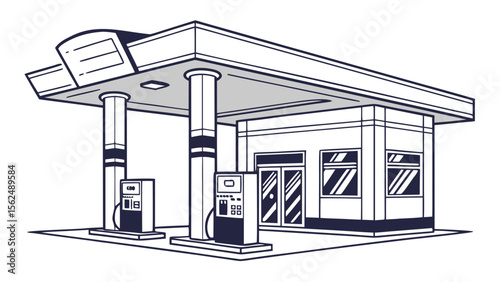 Illustration of a gas station with two pumps under a canopy and a small building behind it created with generated ai