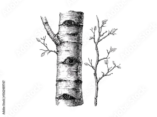 Aspen tree bark vintage engraving, botanical illustration, hand-drawn nature sketch, rustic tree trunk texture, eco-friendly art, retro woodland wall decor, old engraving style, forest silhouette