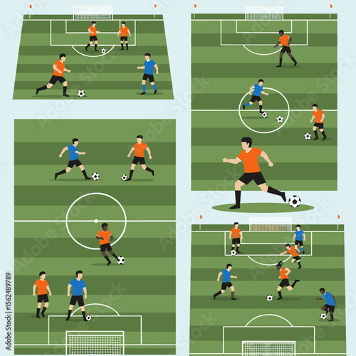 Diverse Soccer Formations Illustrated on Green Fields