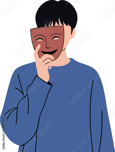 Man holding theatrical comedy mask smiling vector illustration in blue sweater with black hair and happy expression