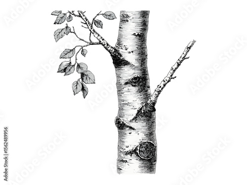 Old engraving of Aspen Tree Trunk, vintage botanical illustration, aspen bark texture, eco-friendly nature print, retro black sketch, rustic woodland decor, hand-drawn tree art, textured bark detail