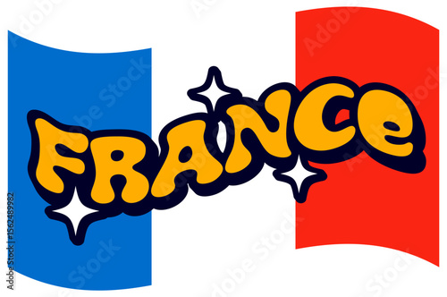 France national flag vintage Y2K sticker or symbol. French journey or trip 70s vector sticker, Europe country souvenir vintage Y2K patch. European tourism retro label with waving France national flag