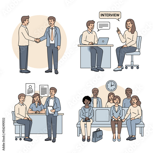 Illustrated job interview process with handshake, desk interview, and waiting room