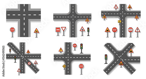 Illustrated Road Junctions with Traffic Signals and Warning Signs