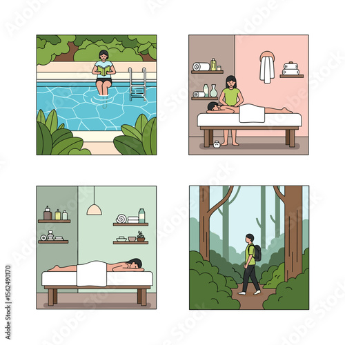 Illustrated Scenes of Leisure: Reading, Massage, Hiking, and Relaxation.