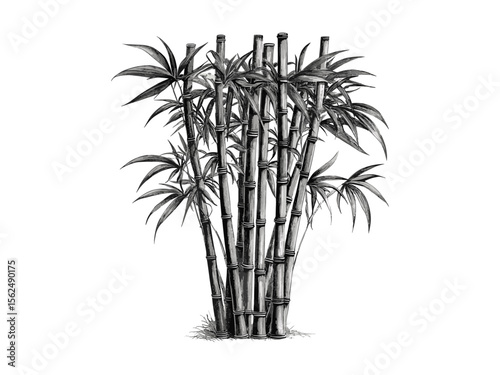Vintage hand-drawn bamboo tree engraving, botanical illustration, rustic eco-friendly art, bamboo stalks nature print, old black sketch, retro woodland decor, antique plant drawing
