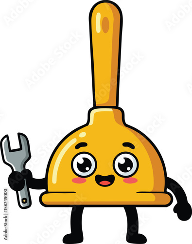 Cute cartoon plunger holding wrench smiling with happy expression vector illustration design