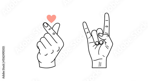 Minimalist Line Art: Korean Heart Finger Gesture and Rock On Hand Sign