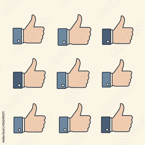 Nine Upright Thumbs Up Gestures with Blue Cuffed Sleeves.