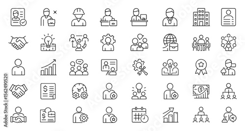 Work Line editable icons set for employment career, hiring and firing, work process and conditions, team collaboration, recruitment symbols, vector illustration, transparent background.