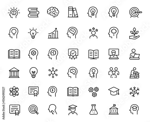 Editable Education Knowledge Line Icons Set, modern thin line vector illustration of cognition, books, mind and creativity pictograms for mobile apps, e learning library symbols, education UI icons.