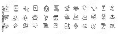 Solar energy line editable icons set, vector illustration, photovoltaic home system symbols, panel roof, inverter, battery storage, eco power concept, clean technology graphics.