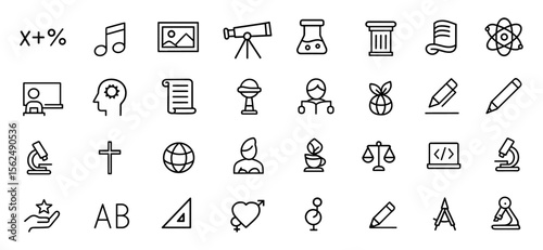 School Subjects Editable Icons Set Vector Illustration Modern Thin Line for Classroom and Community Spaces with Core Subjects, Science, Art, Music Pictograms, Education Interface Elements.