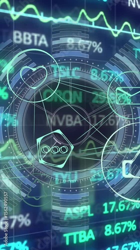 Animation of financial data processing over network of connections with icons