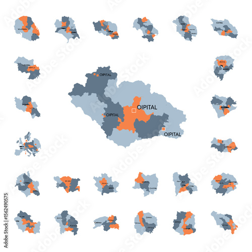 Stylized map collection with regions highlighted in orange and labeled with place names