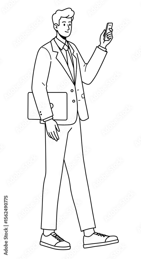 Businessman walking confidently while texting on smartphone in minimalist style Businessman walking confidently while texting on smartphone in minimalist style