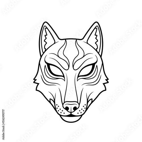 Wolf mask illustration with striking features in monochrome outline design