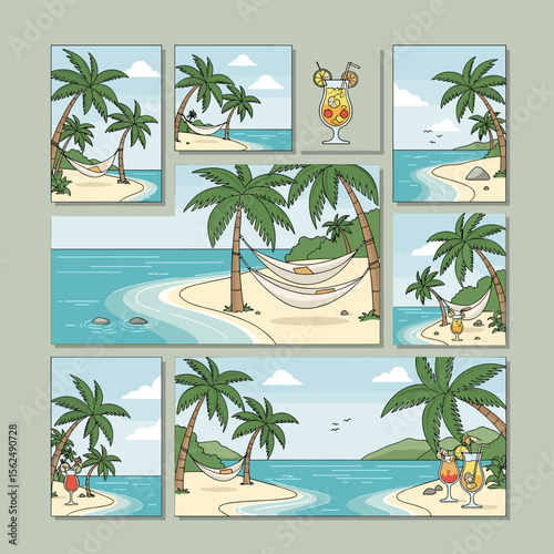 Tropical Beach Relaxation Scenes with Hammocks and Cocktails