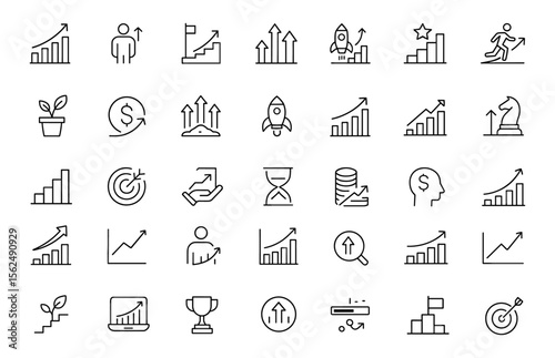 Growth line editable icons set, thin line symbols for progress, evolution, success, increase, financial growth, business analytics, mobile infographics, chart UI, vector illustration.