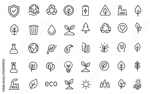 Energy and Ecology Line Editable Icons Set, Vector illustration for renewable power, natural recycling, planet care, eco protection, green development, sustainable energy icon pack.