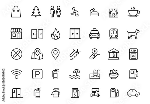 Public navigation line editable icon set, vector illustration modern thin line style, shopping mall, escalator, subway, ATM, fire exit, airport, urban transit wayfinding symbols pack.
