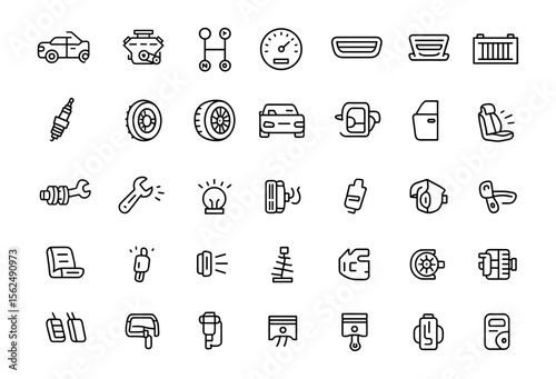 Car parts line editable icons, thin line modern style, engine, gearbox, transmission, radiator, differential, battery, motor, automotive repair icons, auto maintenance vector illustration.