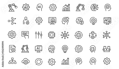 Process Automation Line Icon Set Vector Illustration of industrial automation, AI workflows, system integration, productivity optimization, machine learning, smart manufacturing processes.