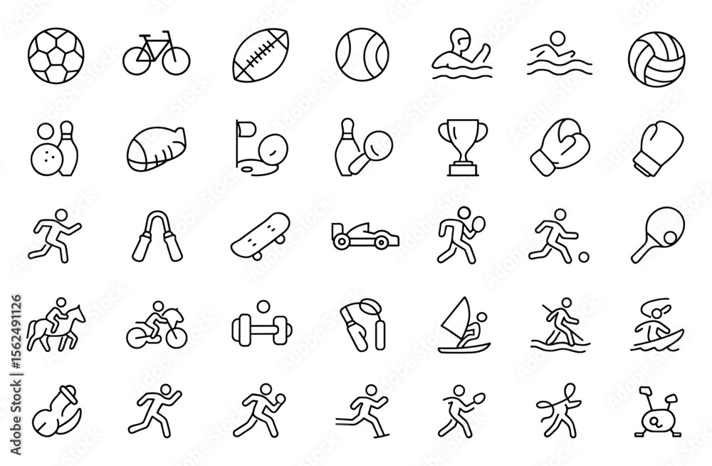 Fototapeta premium Sports Editable Icons set, vector illustration of modern thin line sports symbols, balls, skateboard, cycling, racket, fitness pictograms, athletic equipment icons, infographic elements.