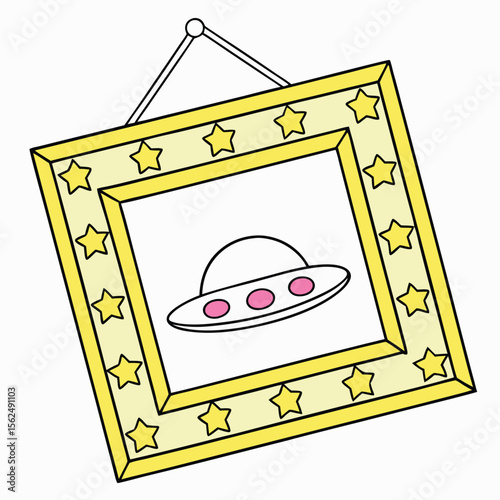 Yellow framed picture with flying saucer stars