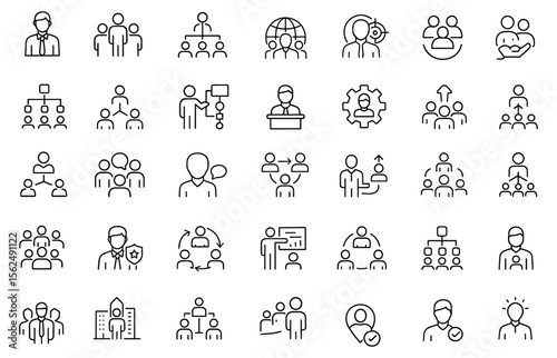 Organization line icons, management, people, structure, teamwork, corporate network, UI symbols, infographics for mobile apps, vector illustration, business process visualization.