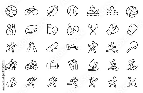 Sports Editable Icons set, vector illustration of modern thin line sports symbols, balls, skateboard, cycling, racket, fitness pictograms, athletic equipment icons, infographic elements.